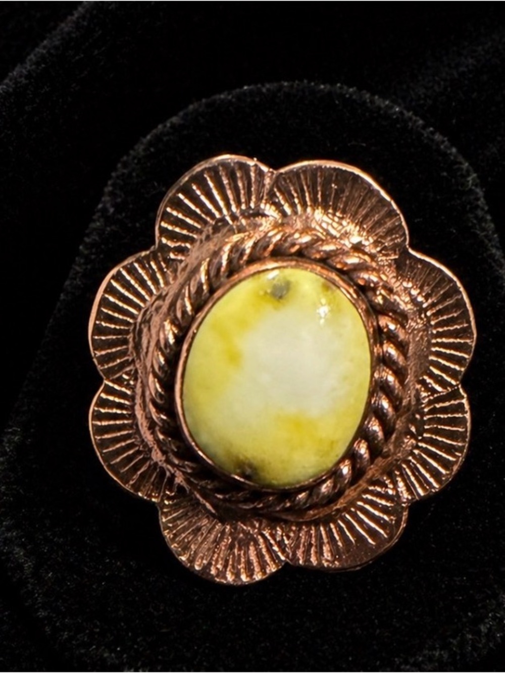 Yellow Turquoise or Serpentine Copper Ring Adjustable Flower Statement Boho